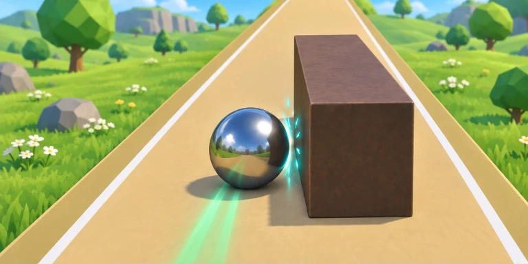 A steel ball passing close to an obstacle as a cyan graze spark flashes